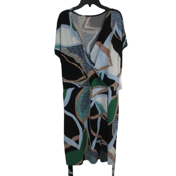 Nine West Dress Womens 2XL Multi Geometric Cap Short Sleeve Wrap V Neck Belted - Picture 1 of 9